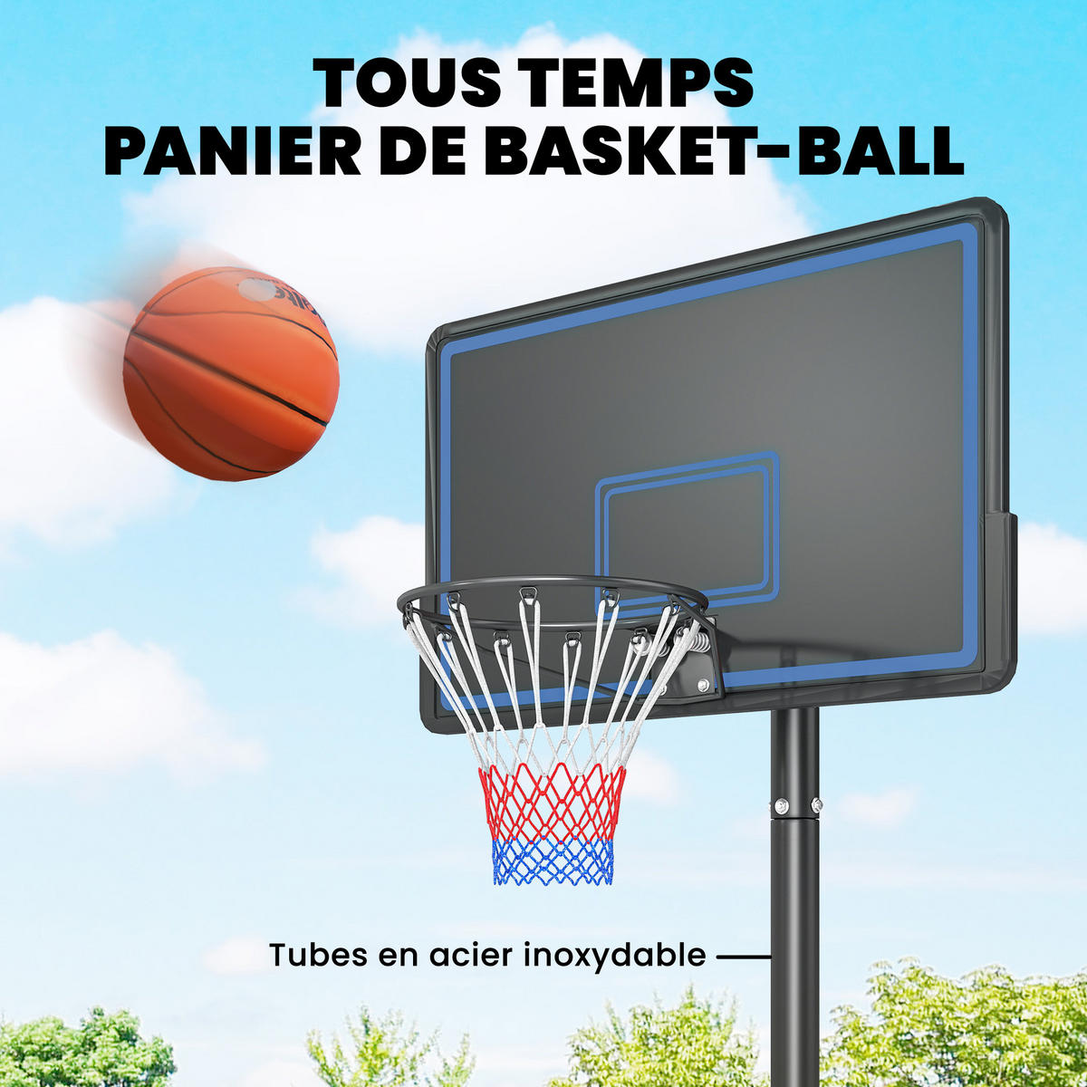 BASKETBALLKORB DE-18526 höhenverstellbar 1,35-3,05 m Blau - Schwarz, Metall (90/120cm) - ComfortXL