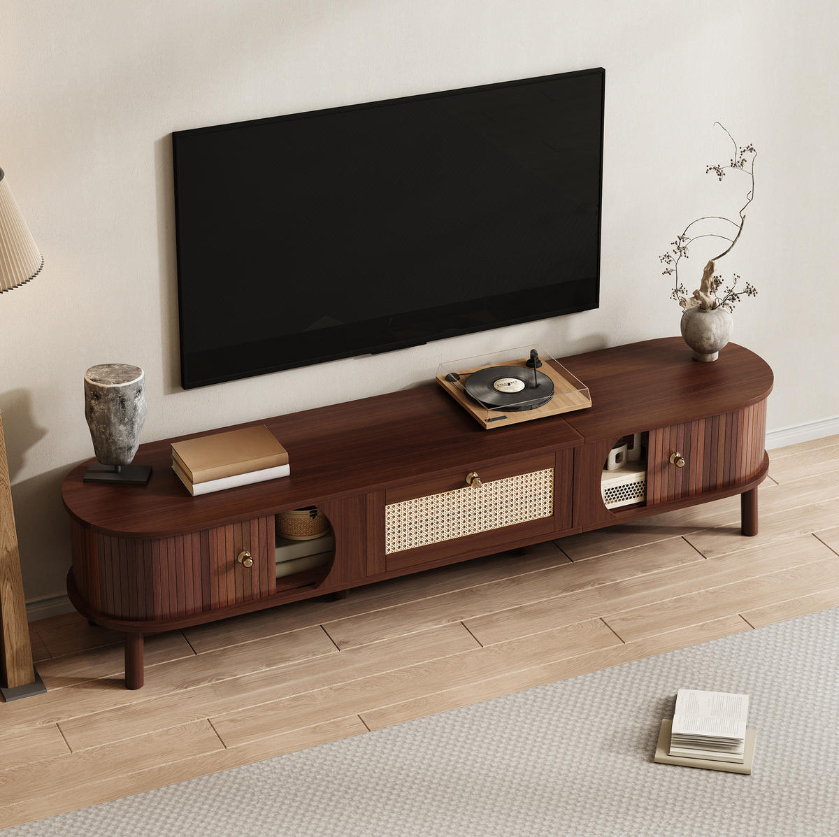 TV-SCHRANK aus Spanplatte und Rattan 170x39,5x38 cm Naturfarben/Hellgelb mit Türen und Schubladen in Bambusoptik - Eichefarben, Holzwerkstoff (170/38/39.5cm) - Modfu