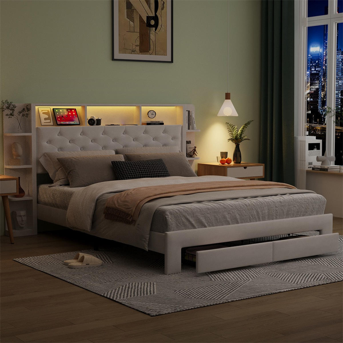 POLSTERBETT 140 x 200 cm mit USB-Anschluss & Steckdose - offene Regalfächer mit LED-Beleuchtung und Schubladen - Weiß - Weiß, Textil (140/200cm) - DELFA