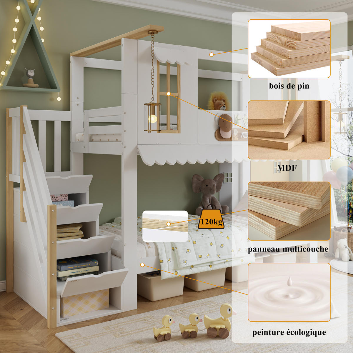 ETAGENBETT 90x200 cm Treppe Fenster weiß - Weiß, Holz (90/200cm) - LEBENLANG