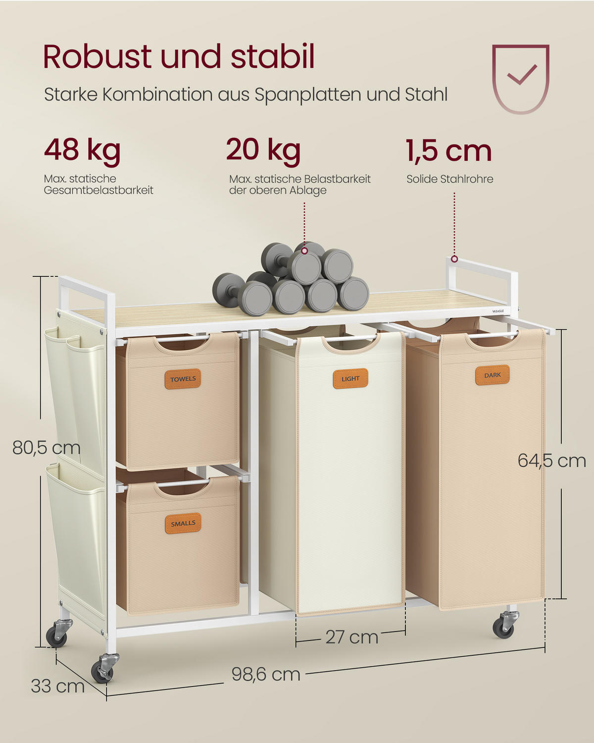 WÄSCHEKORB Babel - Beige, Metall (33/81/99cm) - VASAGLE