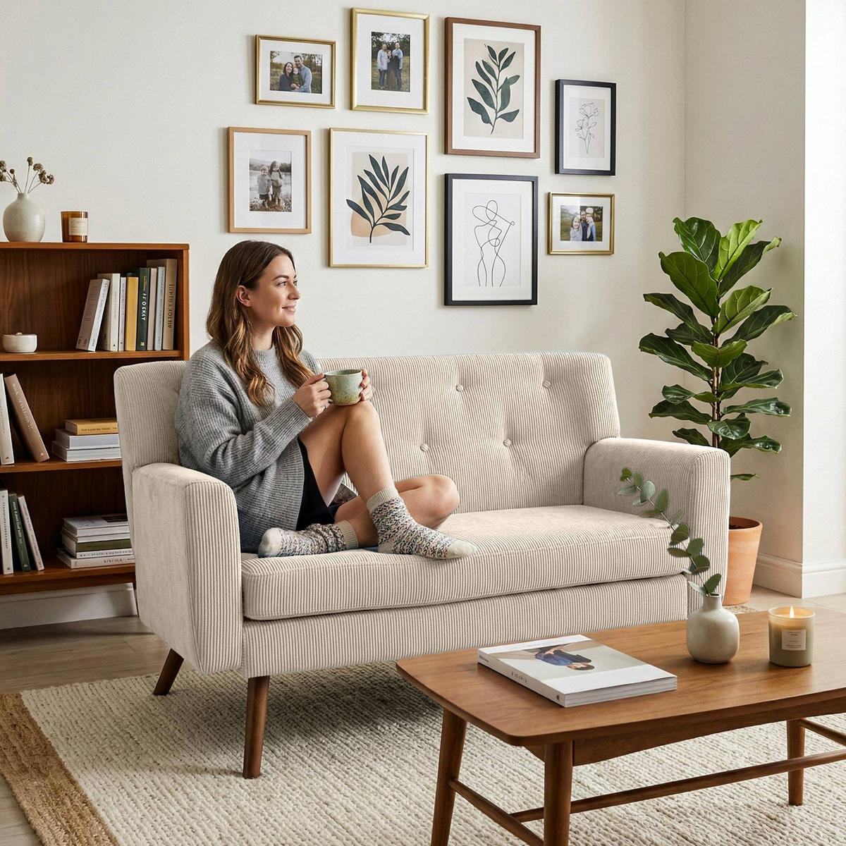SOFA Arne Cord 2-Sitzer 120x74x81cm Cord Creme Couch - Creme, Kunststoff (120/81/74cm) - DELUKE
