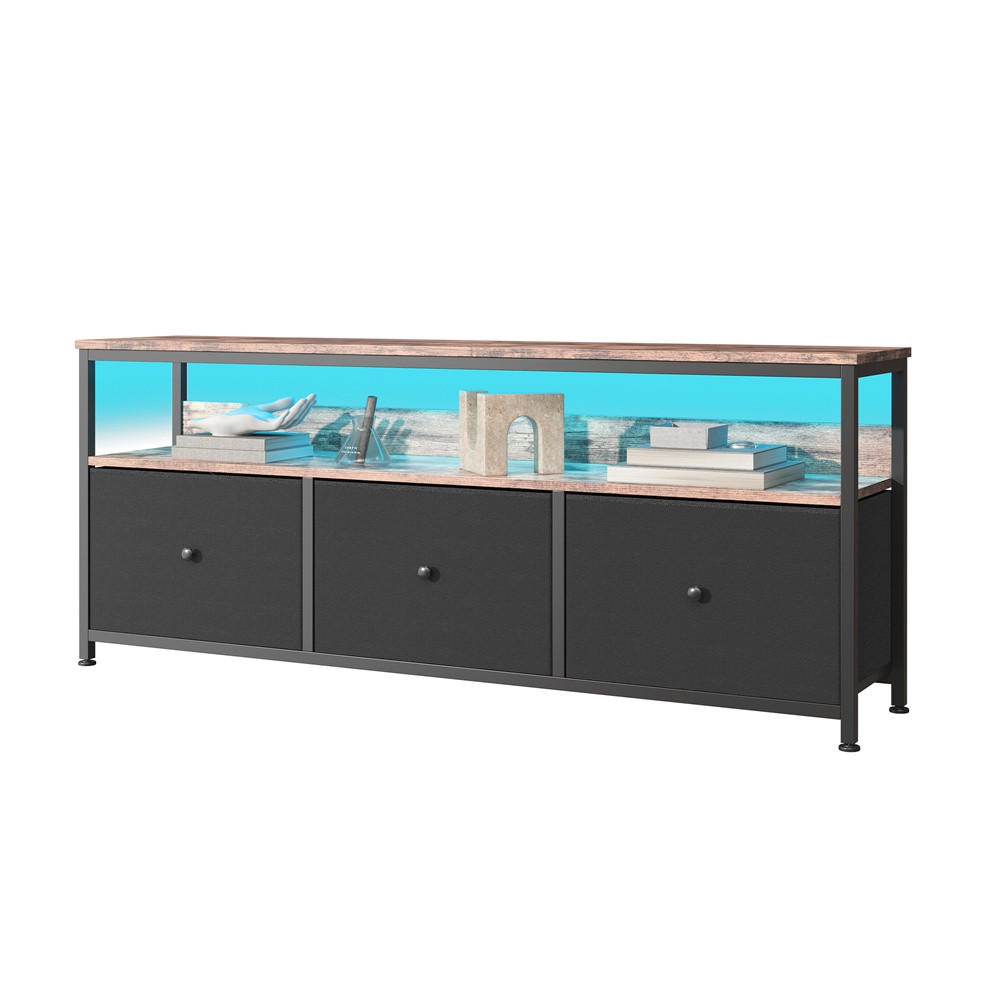 TV-LOWBOARD 108cm - mit LED-Beleuchtung und Stoffschubladen - Industrial-Stil Holz-Natur und Schwarz - Schwarz, Holzwerkstoff (29.8/57/108cm) - DELFA