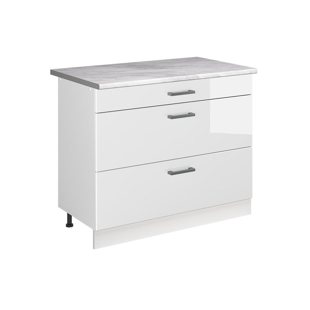 KÖKSUNDERSKÅP R-Line, Vit högblank/Vit, 100 cm Marmuras stalviršis Vit högglans, Vit 81.6/100/60 cm