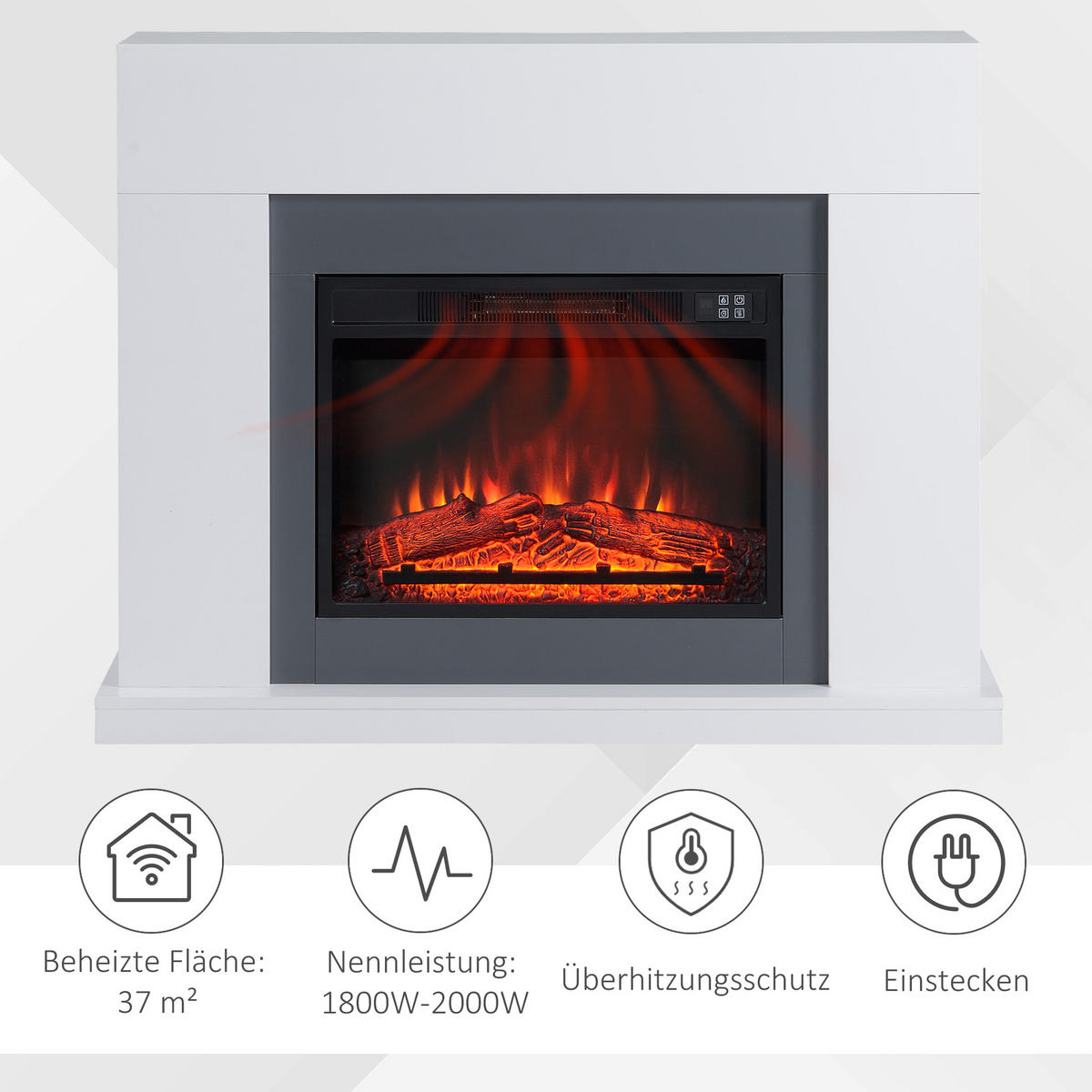 LED Elektrokamin mit Flammeneffekt, 113 x 26,6 x 87,5 cm, Weiß - Weiß, Metall (26.6/87.5/113cm) - HOMCOM