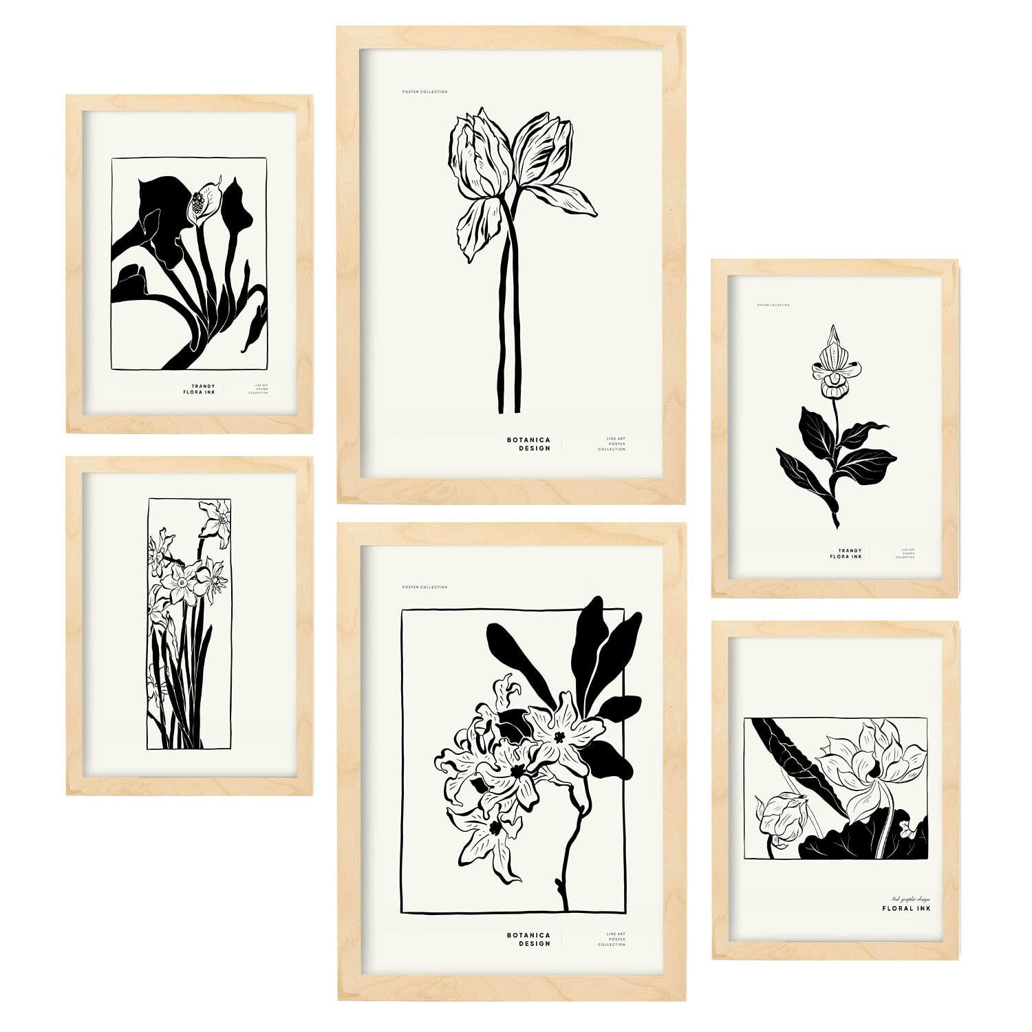 POSTER Set Mit 6 In Schwarzer Tinte Irises A3 & A4 Rahmen Aus Hellem Holz - Beige, Papier (29/3cm) - Nacnic