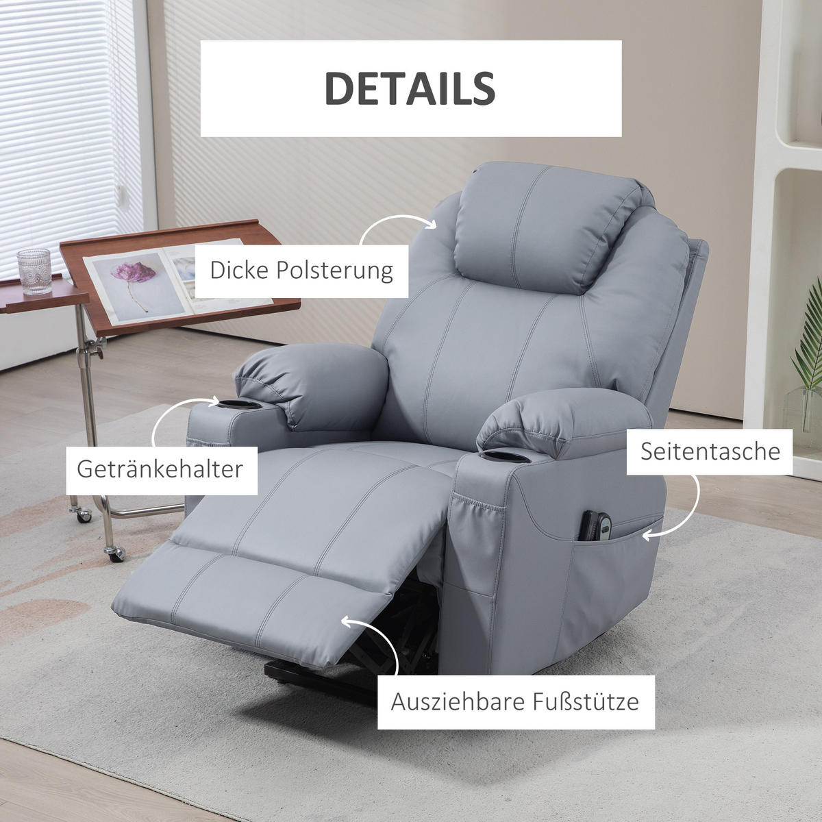 SESSEL mit Aufstehhilfe, Grau - Grau, Kunststoff (99/106/88cm) - HOMCOM