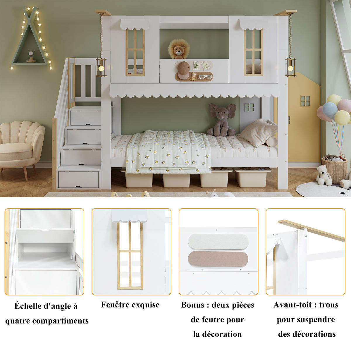 ETAGENBETT Hausform Weiß/Natur - Naturfarben, Holz (90/200cm) - ComfortXL