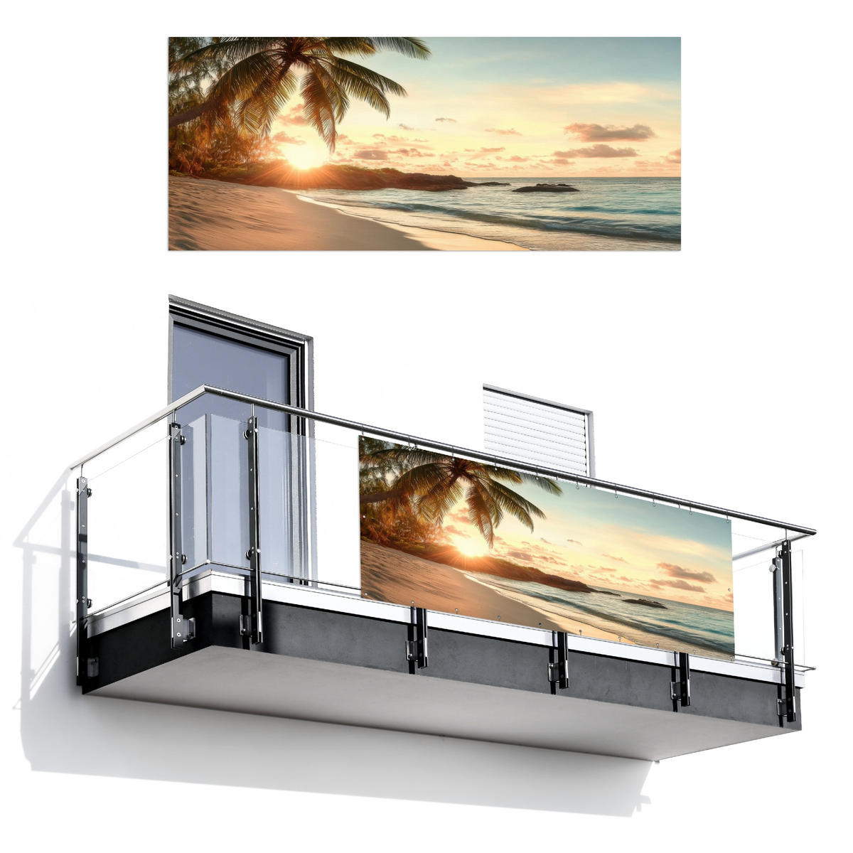 BALKON-SICHTSCHUTZ Strand - Palmen - Meer - Sonnenuntergang 300x130 cm - Samtahornfarben, Kunststoff (300/130cm) - MuchoWow