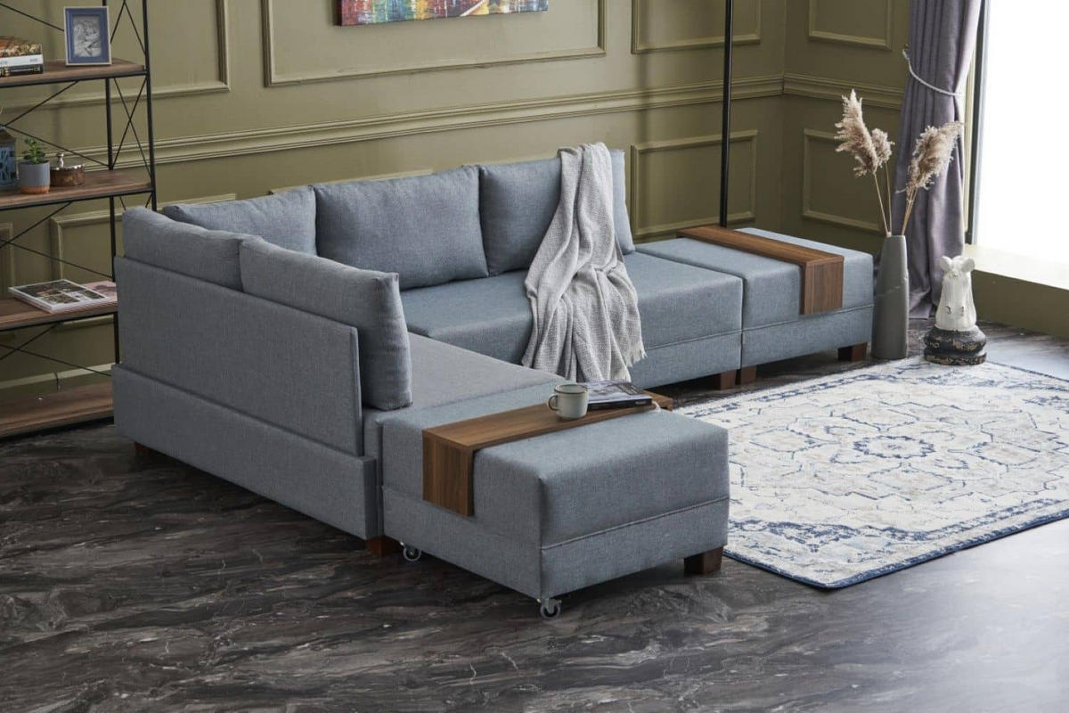 ECKSOFA mit rollbarer Schlaffunktion - Blau/Walnussfarben, Holz/Textil (280/210cm) - myHomelando