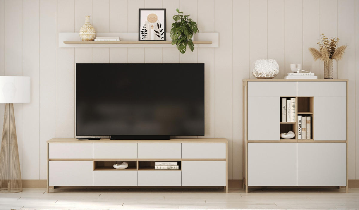 WOHNWAND weiß und Eiche Wohnkombination skandinavisch 3-teilig 319 cm, Soft-Close, Finnes - Eichefarben/Weiß, Glas/Holzwerkstoff (319/170/39cm) - Furn.Design