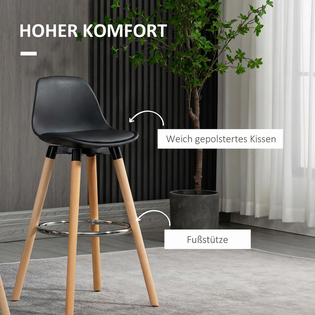 BARHOCKER-SET 2 TLG. Natur, Schwarz 43/43/91 cm - Buchefarben/Schwarz, Kunststoff/Buchenholz (43/91/43cm) - HOMCOM