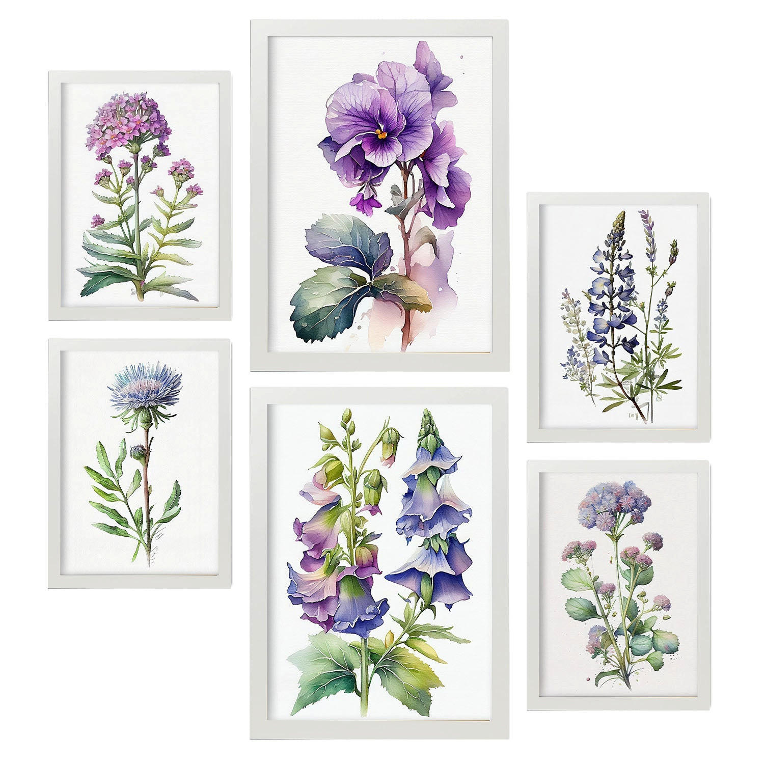 POSTER Set Mit 6 Violett Vollfarbige Natur Und Botanikdrucke Mit Blumenmotiven Auf Reinweißen Hintergründen Innenarchitektur A3 & A4 Weißer Rahmen - Weiß, Papier (29/3cm) - Nacnic