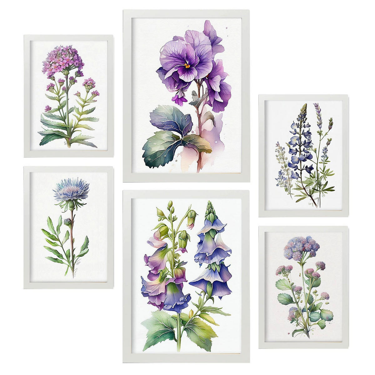 POSTER Set Mit 6 Violett Vollfarbige Natur Und Botanikdrucke Mit Blumenmotiven Auf Reinweißen Hintergründen Innenarchitektur A3 & A4 Weißer Rahmen - Weiß, Papier (29/3cm) - Nacnic