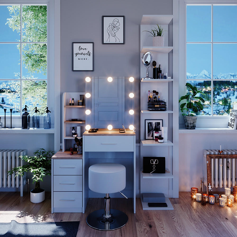 SCHMINKTISCH Conrada Weiß/Sonoma 80 cm mit LED Beleuchtung und Hocker - Weiß/Sonoma Eiche, Holzwerkstoff (80/131.6/36cm) - Vicco