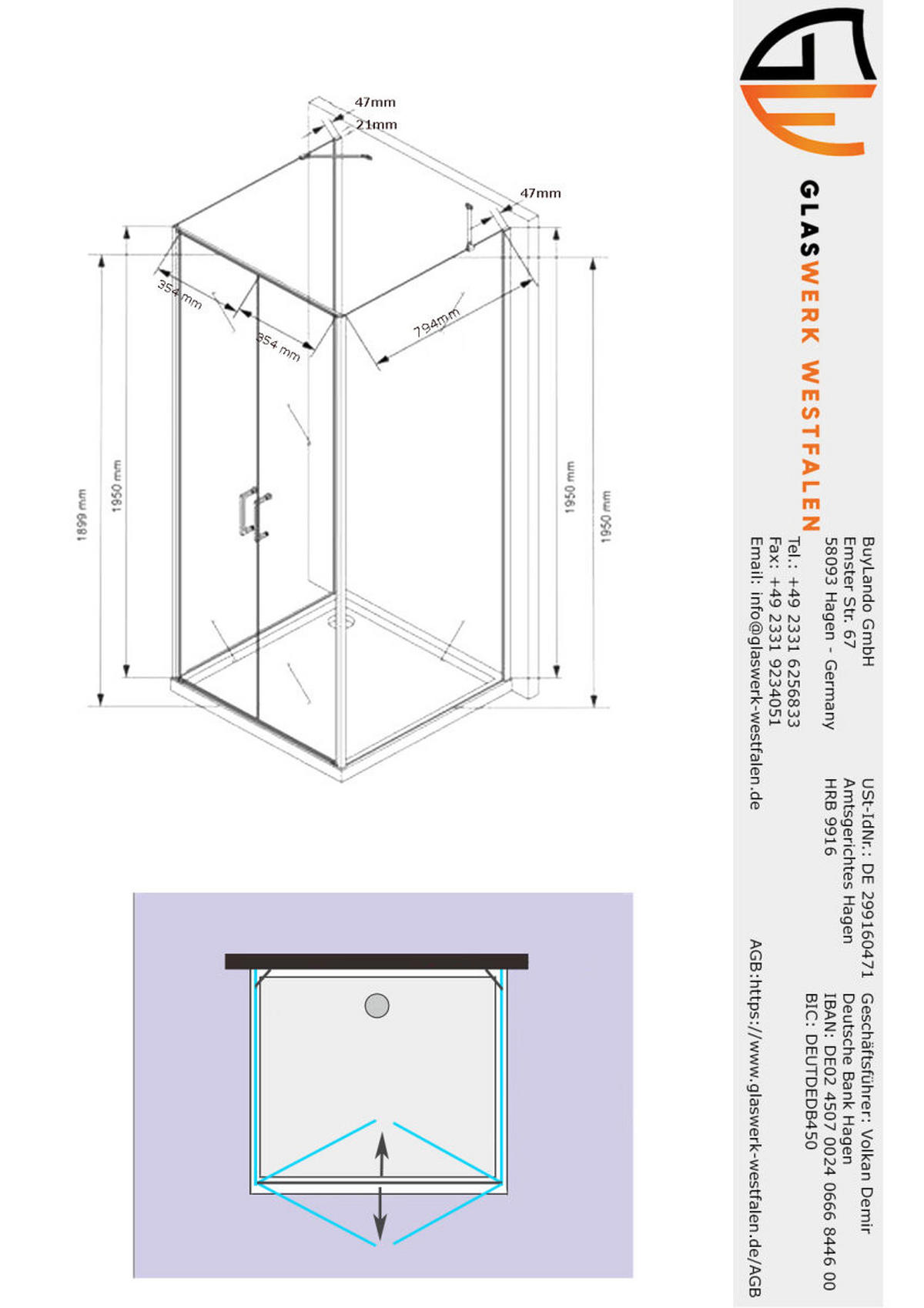 DUSCHKABINE Nora 90x90x90 cm H:195 cm U-Form Tasse+Siphon - Silberfarben, Glas (90/90/195cm) -  Glaswerk Westfalen