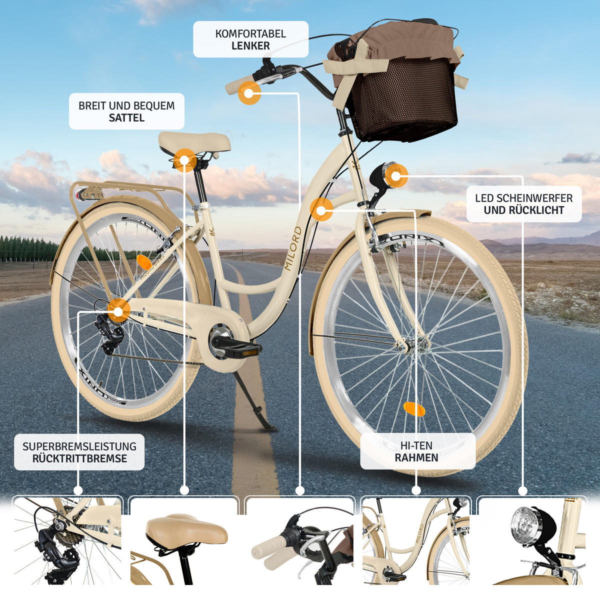 CITY-FAHRRAD Milord mit Metallkorb, 28 Zoll, Creme-Braun, 7-Gang - Creme/Braun, Metall (46cm) - Milordbikes