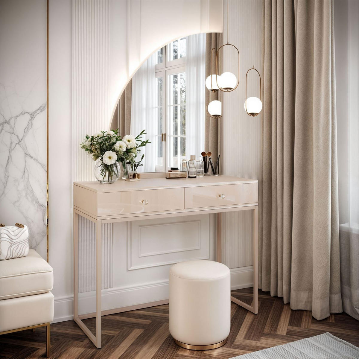 SCHMINKTISCH QUINNIE KASCHMIR mit LED-Spiegel links Griff Kristall - Kaschmir, Holzwerkstoff (100/175/42cm) - Lookway