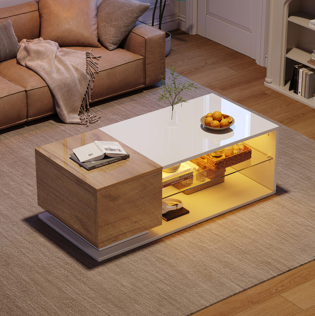 COUCHTISCH 105/50/36 cm mit LED-Beleuchtung, Stauraum, Hochglanz und Glasplatte, Weiß/Eichefarben - Weiß, Holzwerkstoff (105/50/36cm) - Redom