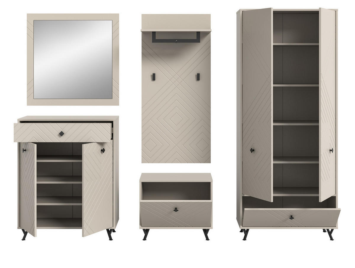 GARDEROBE Set 5-teilig Sand matt 250 cm, Garderobenkombination mit Fräsungen - Sandfarben/Beige, Glas/Holzwerkstoff (250/190/35cm) - Inn.Furn