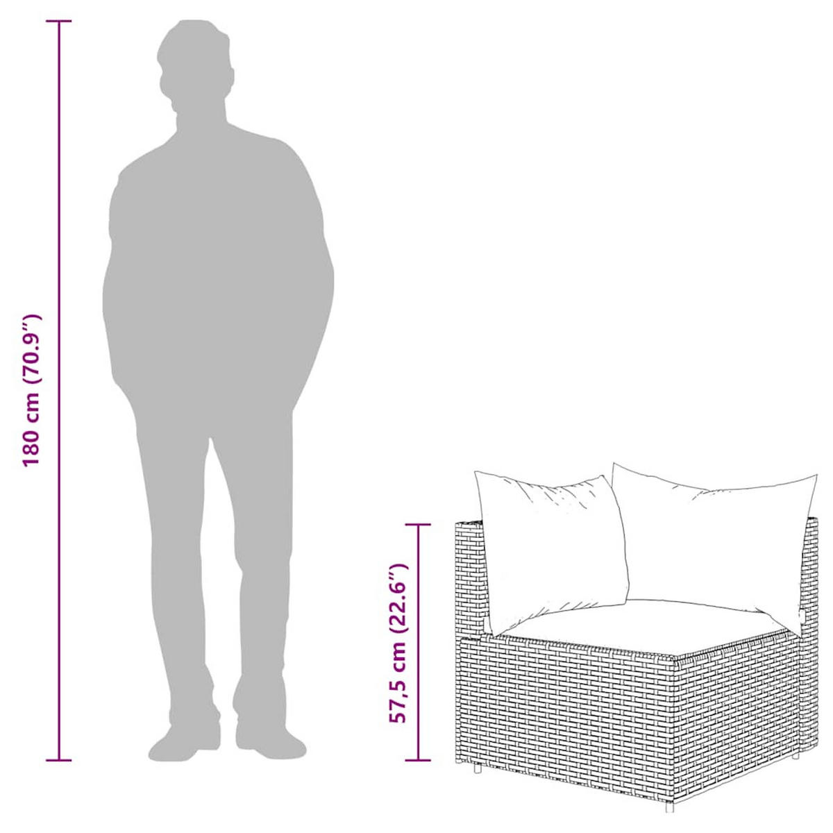 LOUNGESOFA mit Kissen und Armlehnen, 3-Sitzer, 189/63/57,5 cm, aus Poly Rattan, Schwarz - Schwarz, Kunststoff (63/57.5/63cm) - vidaXL