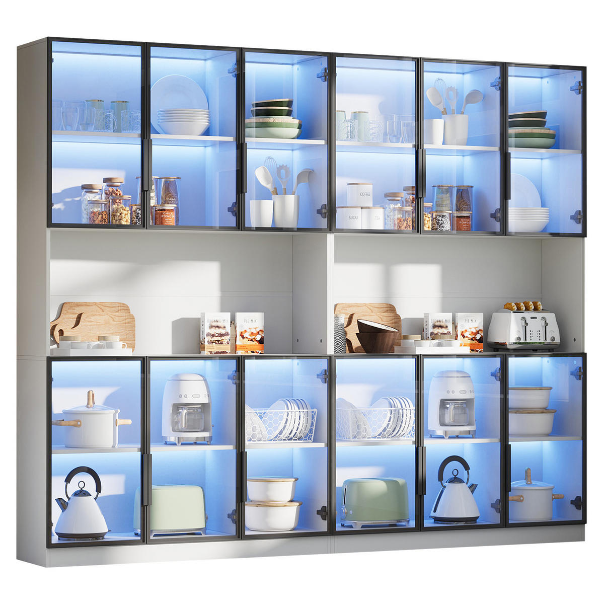 VITRINE aus MDF & Glas 240x34x200cm in Weiß mit LED - Weiß, Holzwerkstoff (240/200/40cm) - Modfu
