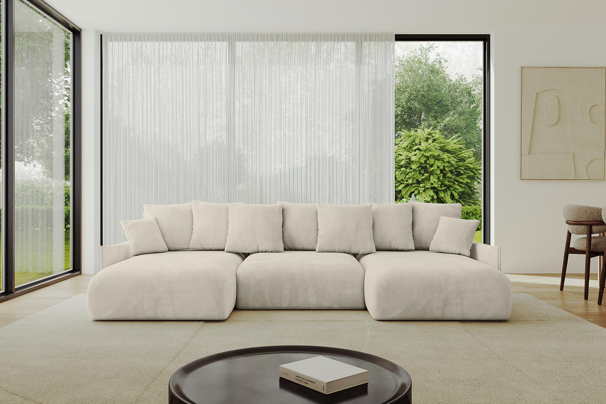 WOHNLANDSCHAFT mit Schlaffunktion und Bettkasten ONESK-U-v1 317x177x72 Ecru Velours - Ecru, Holzwerkstoff/Kunststoff (317/72/177cm) - ALTDECOR