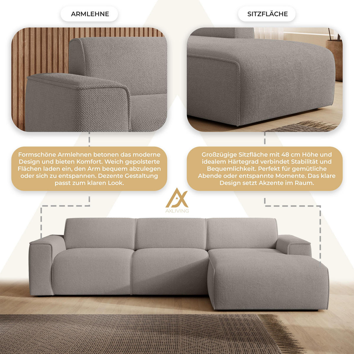 ECKSOFA L Form Didim mini Beige 310/165/78 cm – stilvolle kleine Eckcouch R - Beige/Schwarz, Kunststoff/Textil (310/165cm) - AX Living