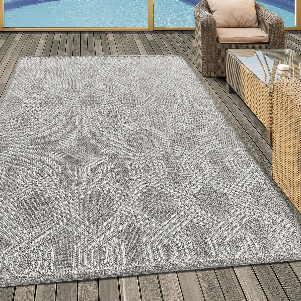 TEPPICH Outdoor Flachgewebe Geometrisch Polypropylen Balkon Grau Rechteckig 200x290 - Grau, Textil (200/290cm) - KADIMA DESIGN