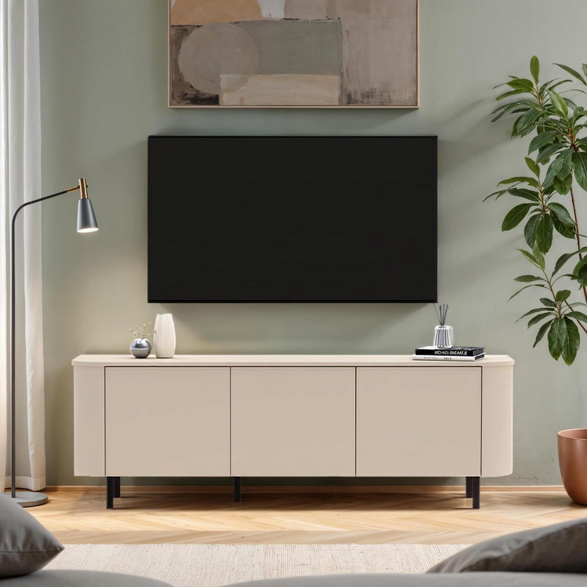 TV-MÖBEL 3 Türen abgerundete Kanten Kaschmir 180,2/42/60,2 cm - Beige, Holzwerkstoff (42/60.2/180.2cm) - Calicosy