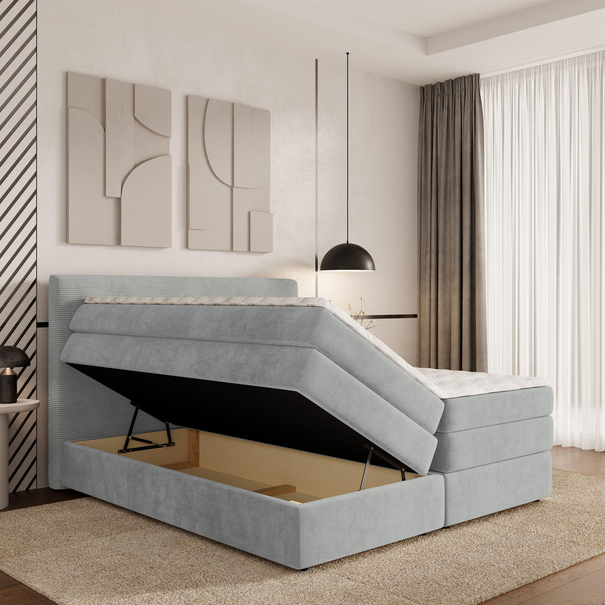 BOXSPRINGBETT MATERN 140x200 cm mit Matratze und Topper - Hellgrau - Hellgrau, Holz (140/200cm) - MASSENO