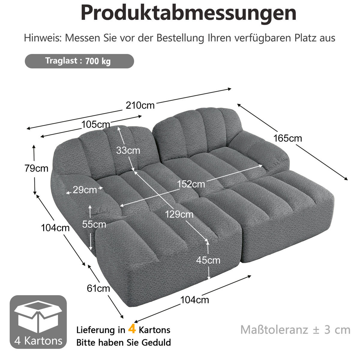 2-SITZER-SOFA DE-34312 mit 2 Ottomans Grau - Grau, Textil (165/79/210cm) - ComfortXL