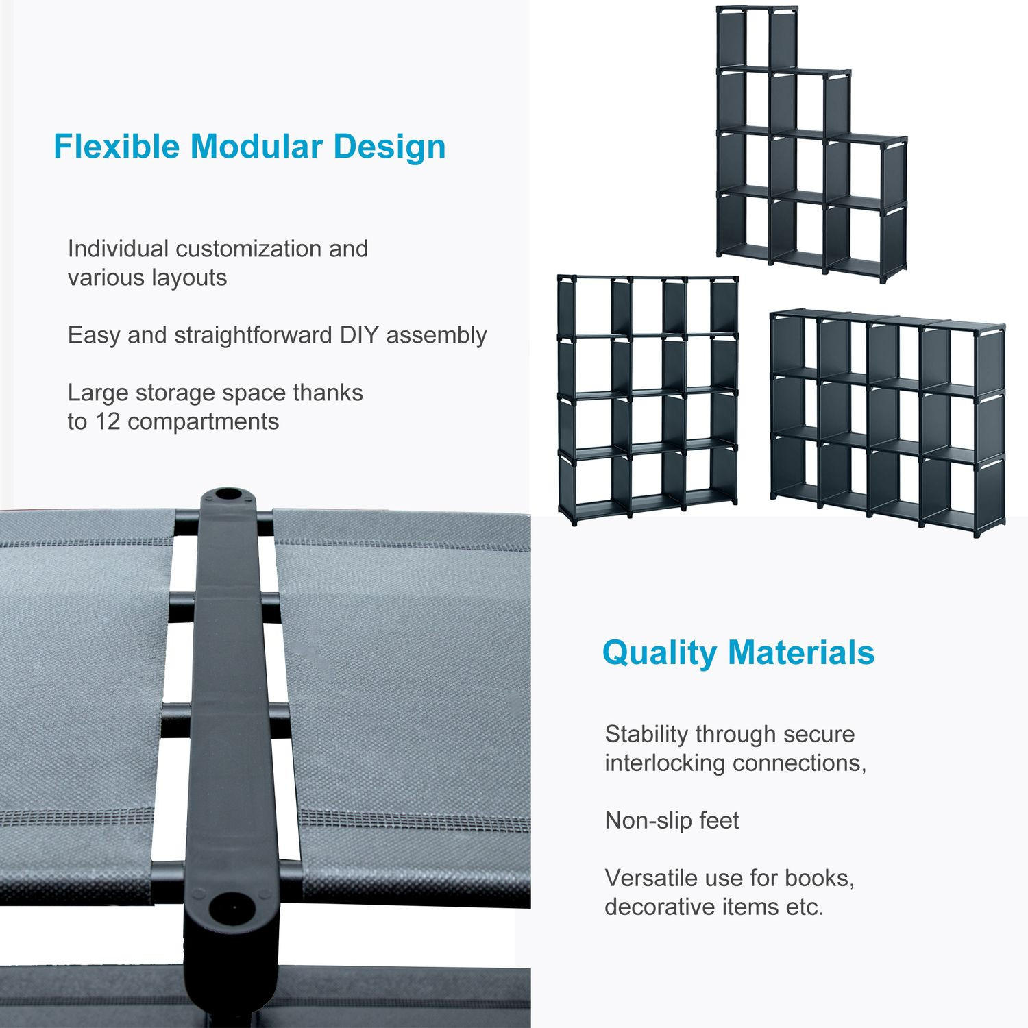 AUFBEWAHRUNGSREGAL Steckregal mit 12 Fächern - Schwarz, Textil (30/145/110cm) - Intirilife