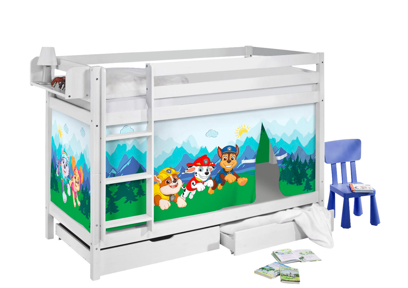 ETAGENBETT JELLE 90x200 cm Paw Patrol blau inkl. Vorhang und 2 Lattenrosten - Weiß, Holz - Lilokids