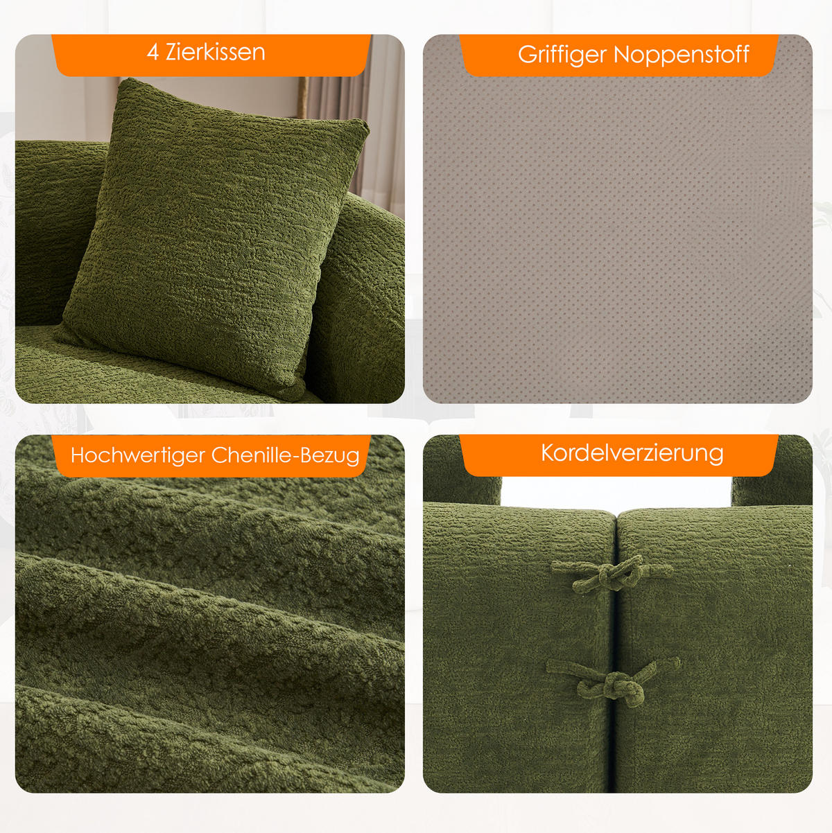 SOFA geschwungene Form 275 cm Chenille Grün - Grün, Kunststoff (115/63/275cm) - Meubliv