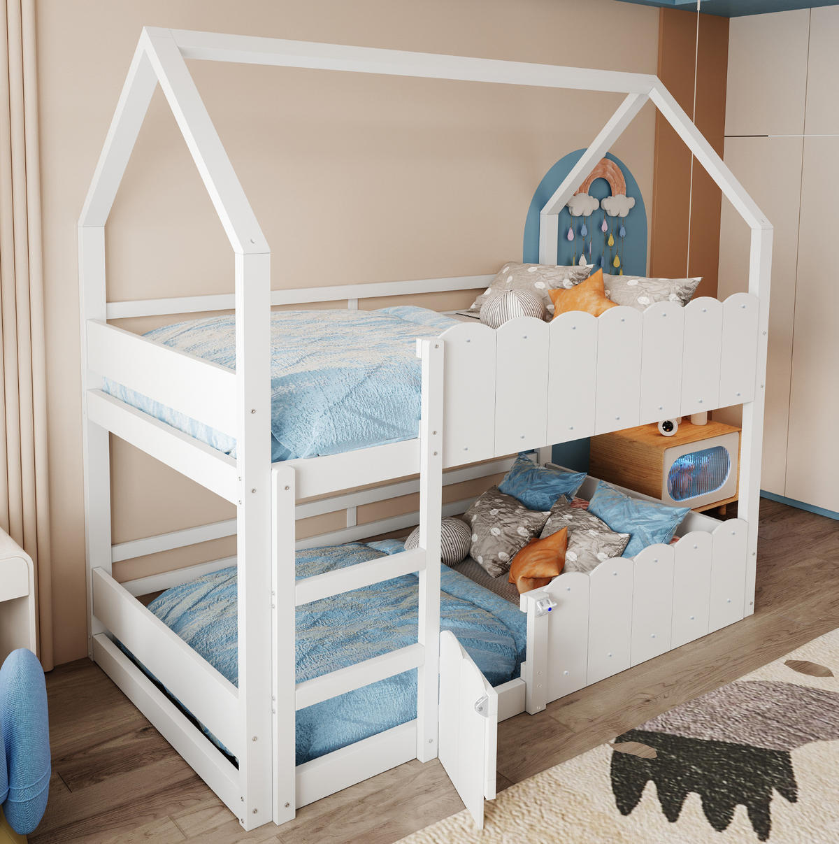 ETAGENBETT 90/200 cm aus Holz mit Sicherheitsgeländern Weiß - Weiß, Holz (90/200cm) - OKMYHOME