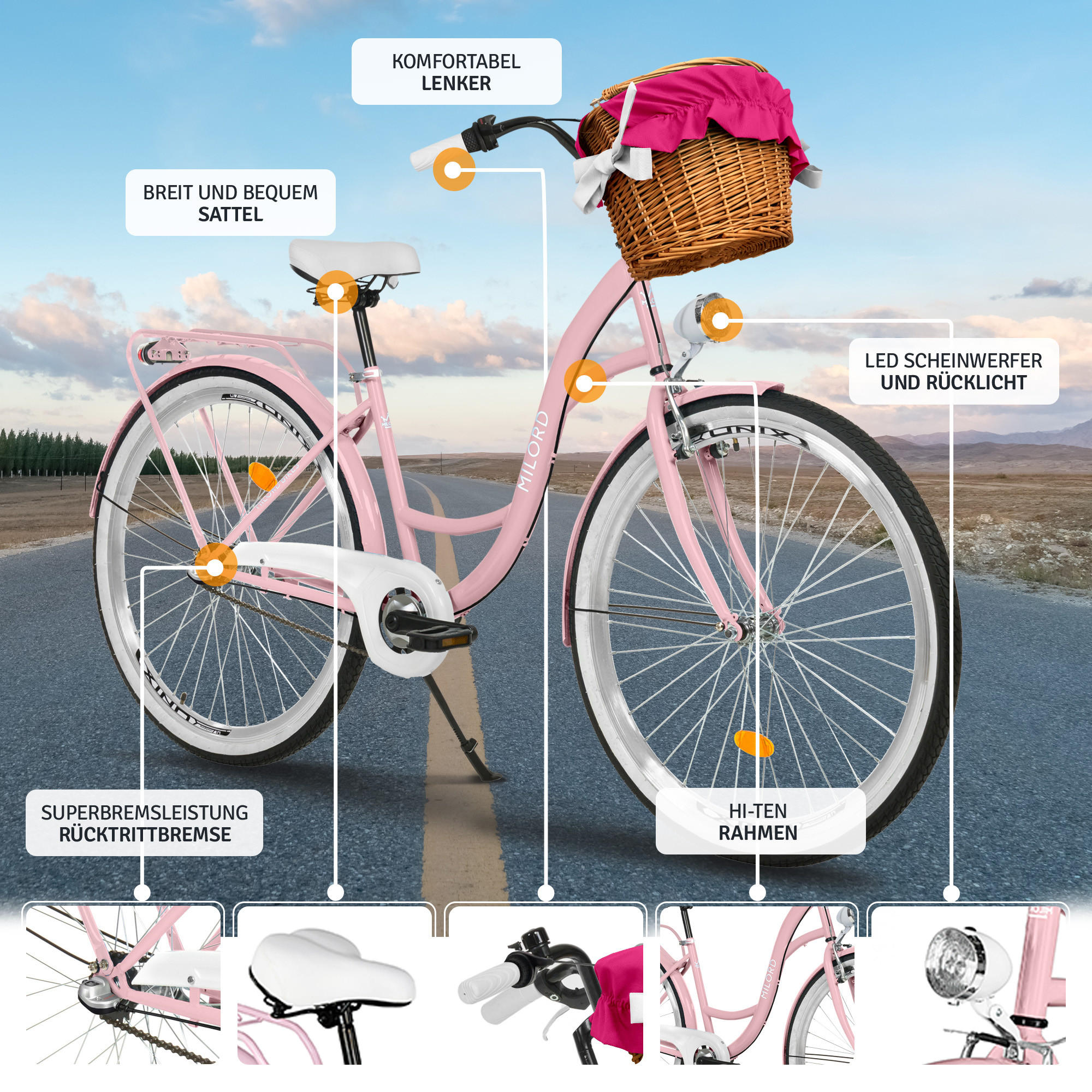 CITY-FAHRRAD Milord mit Weidenkorb, 26 Zoll, Rosa, 3-Gang - Pink, Metall (46cm) - Milordbikes