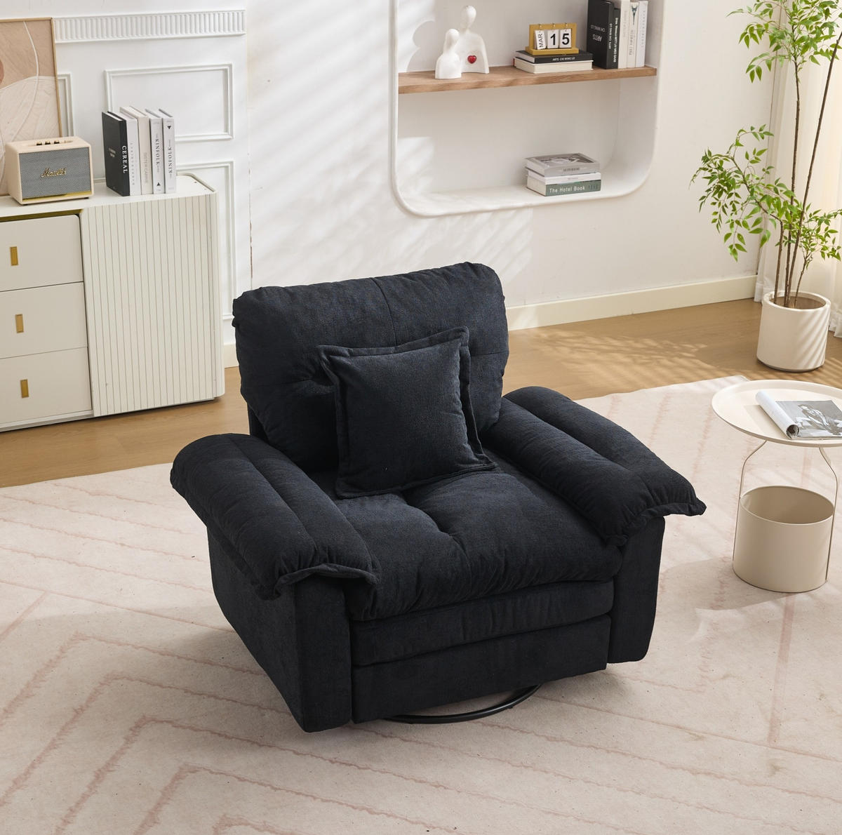 DREHSESSEL mit Chenillebezug und 360°-Drehfunktion – bis 136 kg belastbar - Schwarz, Textil (84/96/116cm) - BEAOK