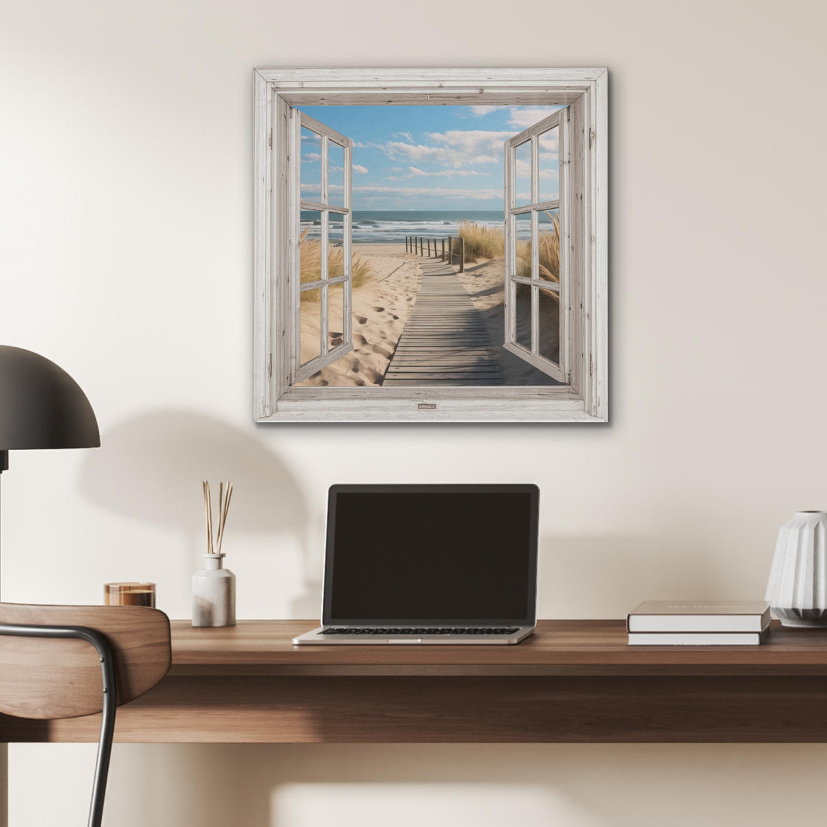 AKUSTIKBILD Fenster - Meer - Küste - Natur - Ausblick - Strand - Wattenmeer Wandbilder 60x60 cm - Beige, Kunststoff (60/60/0.9cm) - MuchoWow
