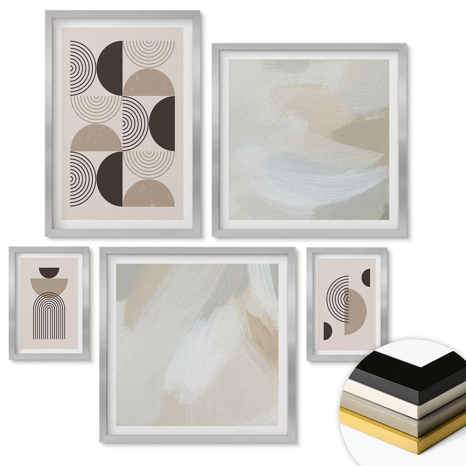 WANDBILDER 5er Set - 50x50 cm & 20x30 cm & 40x60 cm Silberner Rahmen - Abstrakte geometrische Muster - Silberfarben, Kunststoff (40/60cm) - ArtPrintCave