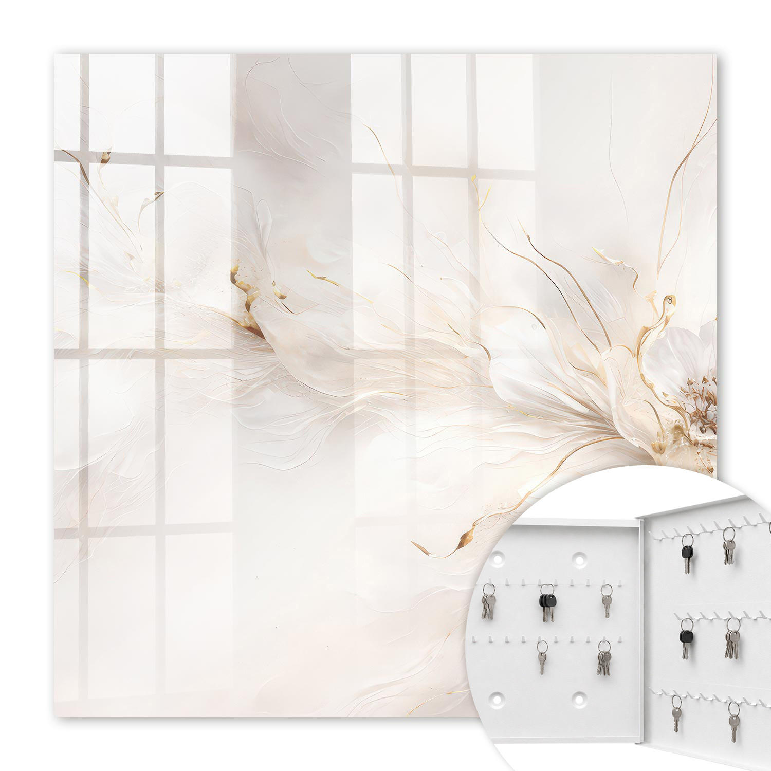 SCHLÜSSELBOX Weiß 30x30 cm – Türöffnung nach rechts - Elegante Blume - Creme, Metall (30/30/5cm) - TULUP