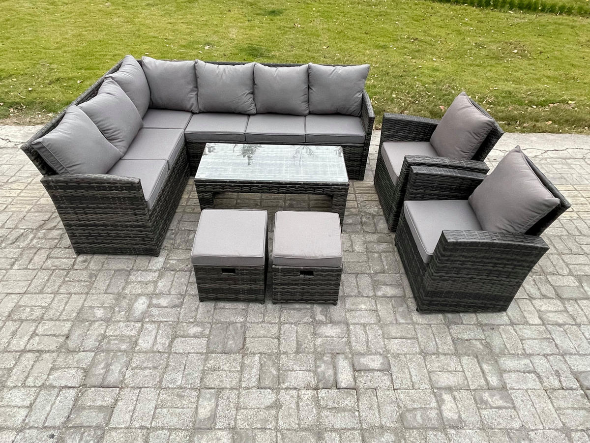 SITZGRUPPE mit Ecksofa,Länglicher,Couchtisch ,2 Hockern, Sessel Polyrattan 10-Sitzer - Dunkelgrau/Grau, Glas/Kunststoff - Fimous