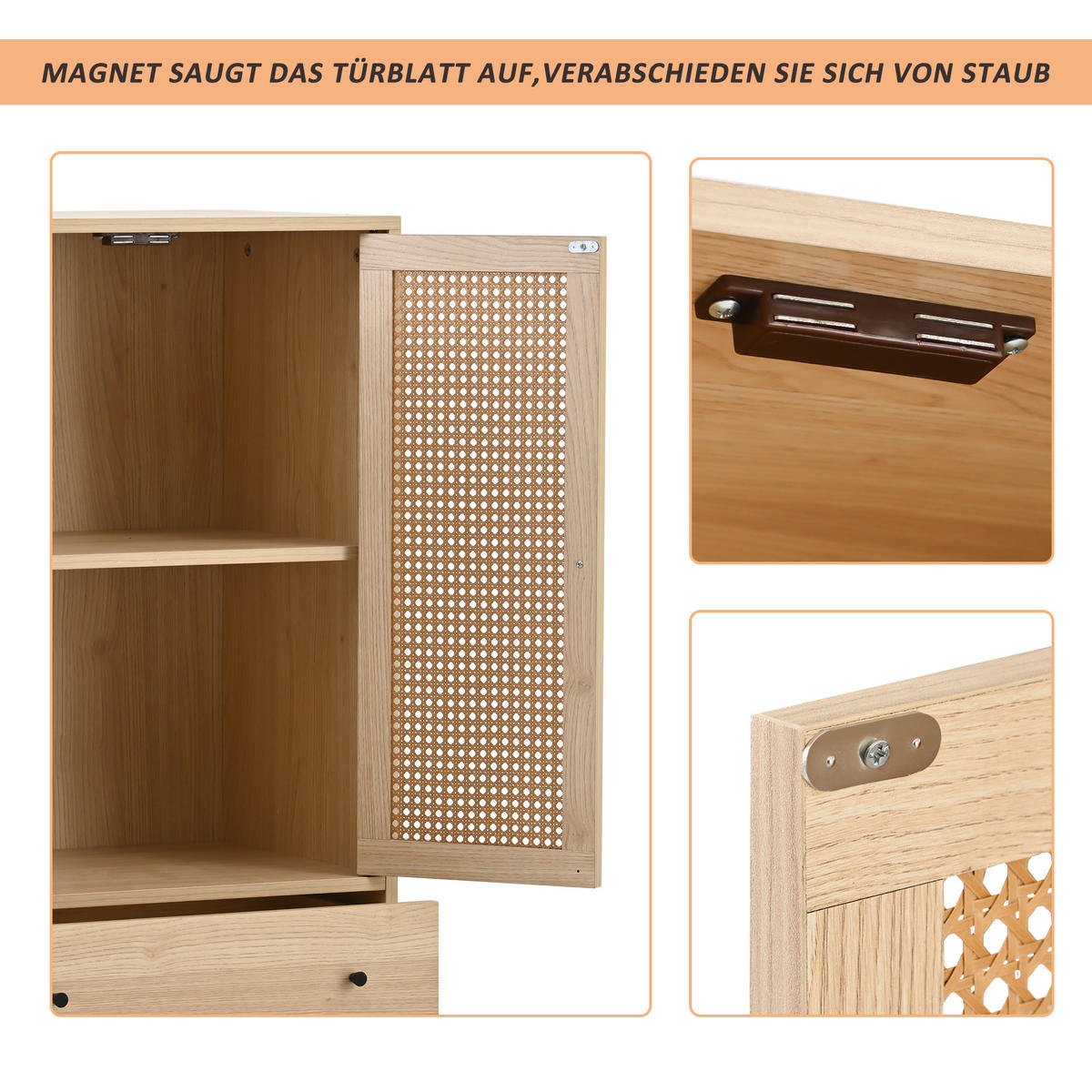HIGHBOARD mit Rattantüren und 2 Schubladen in Eicheoptik - Eichefarben, Holzwerkstoff (60/120/40cm) - Urban Meuble
