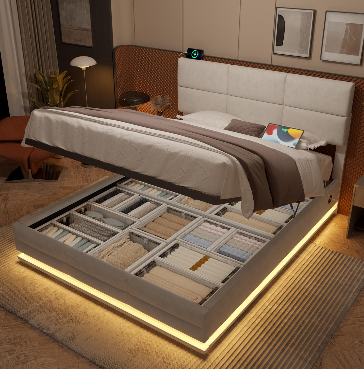 BETT mit Stauraum 140x200 cm Samt Beige - Beige, Metall (140/200cm) - Meubliv