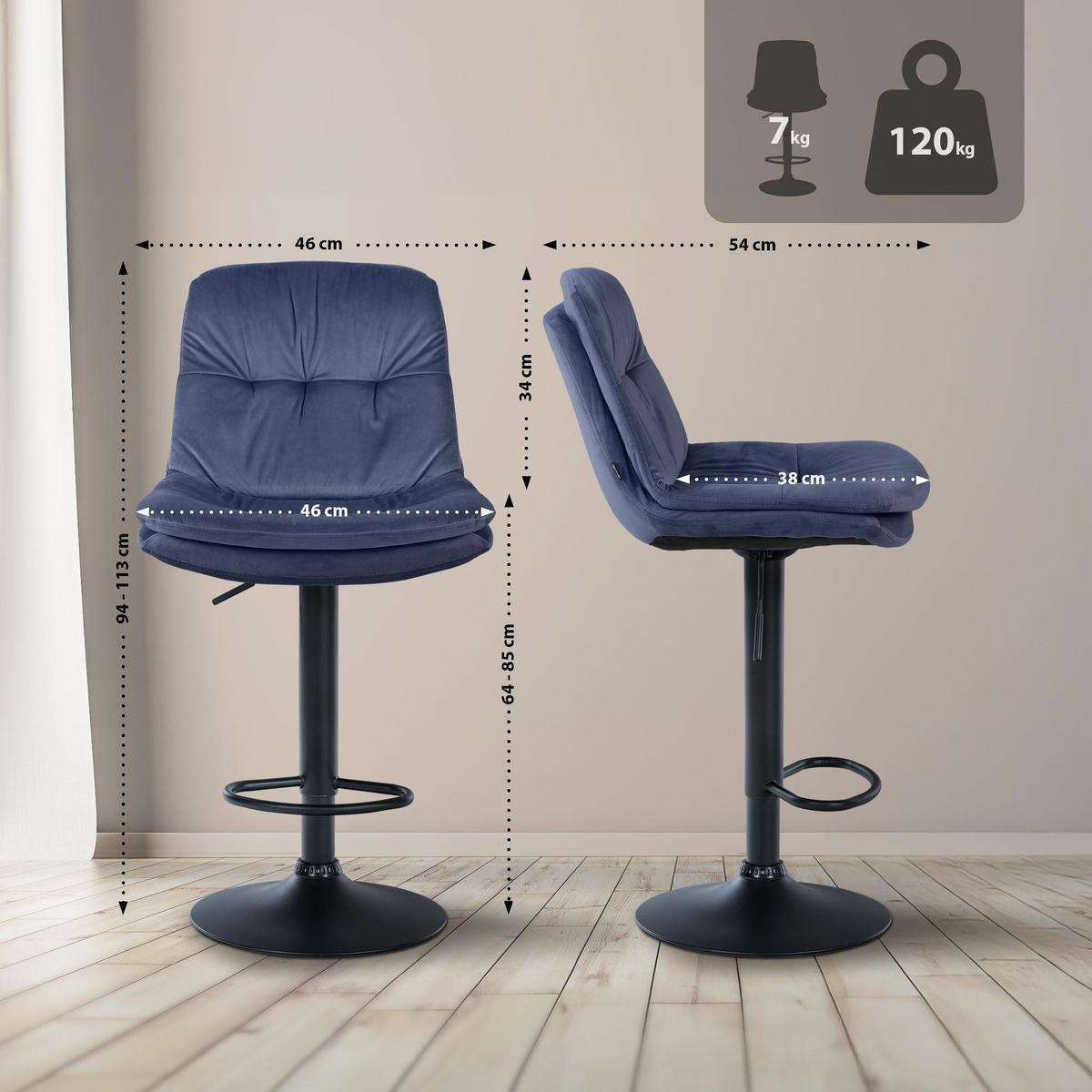 BARHOCKER Samt blau - Blau/Schwarz, Textil (46/94/54cm) - CLP