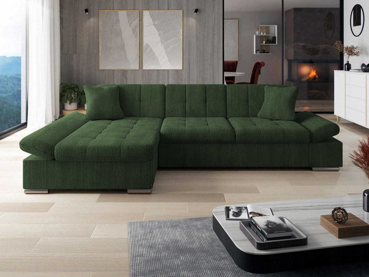 ECKSOFA Malwi Cord, Seite: Links - Dunkelgrün, Holz/Textil (278/161cm) - MIRJAN24