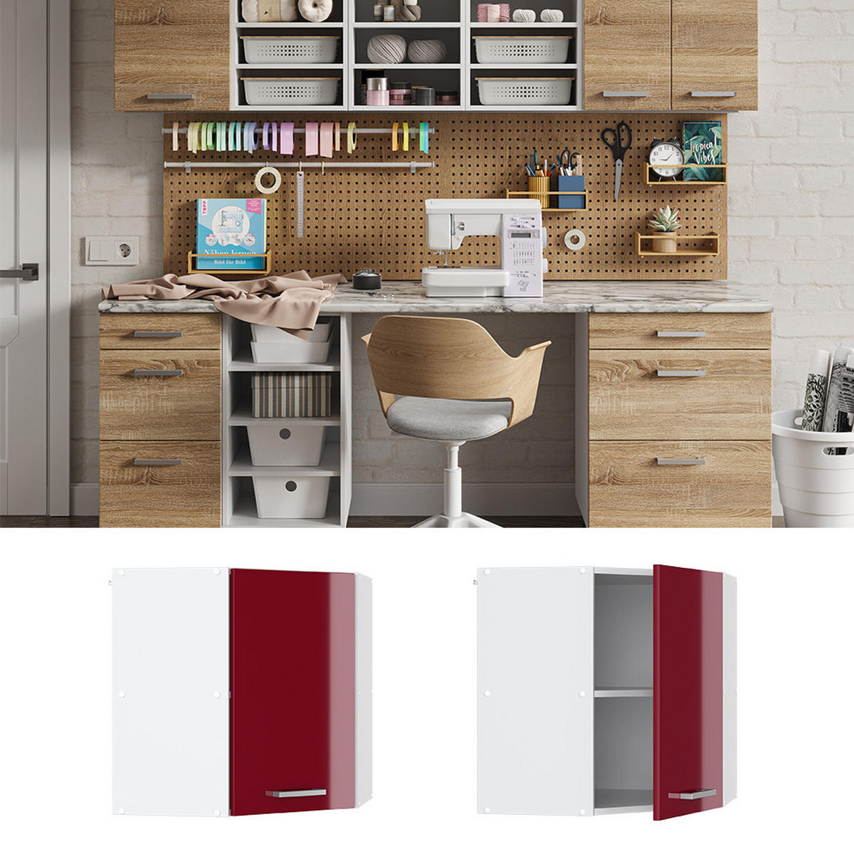 UNIVERZÁLNÍ NÁSTĚNNÁ SKŘÍŇKA R-Line Bordó červená vysoký lesk - bílá/bordeaux, kompozitní dřevo (57/60/34.1cm) - Vicco