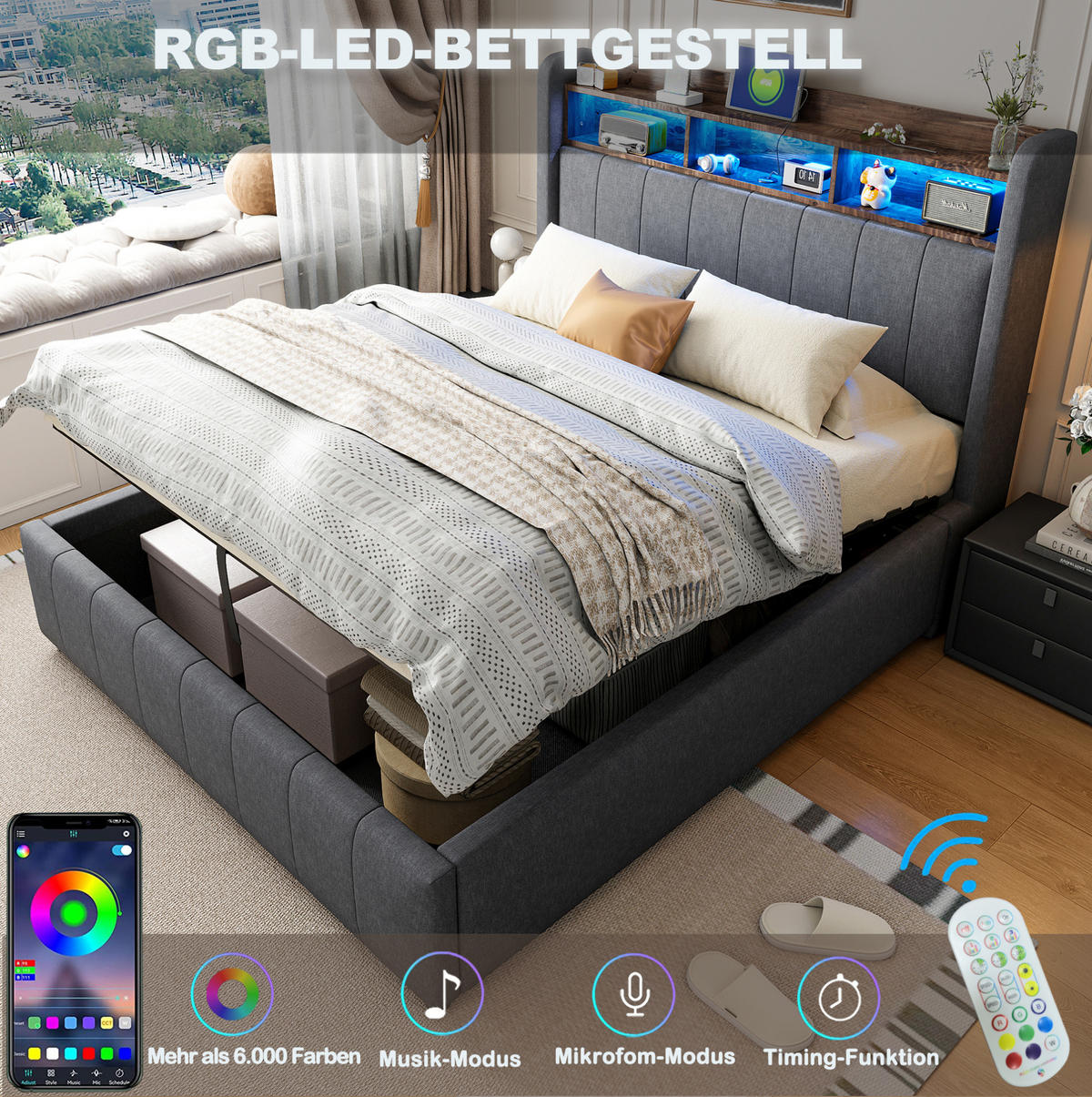 POLSTERBETT 160/200 cm aus Leinenstoff mit LED-Beleuchtung und Stauraum Grau - Grau, Textil (160/200cm) - Modenvie
