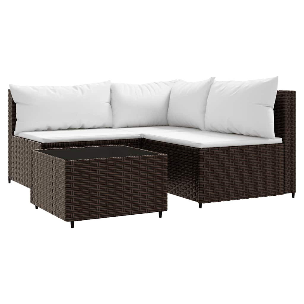 LOUNGEGARNITUR mit Cremeweiß Auflagen und 50 cm Couchtisch, aus Poly Rattan und Glas, Braun, 4-teiliges Set - Braun, Kunststoff - vidaXL