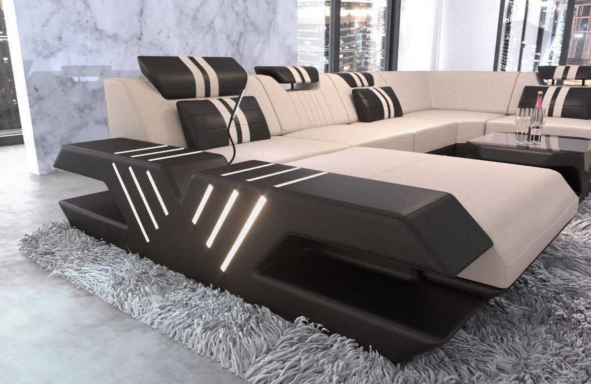 WOHNLANDSCHAFT Venedig Elfenbein Schwarz Mikrofaserstoff - Creme, Kunststoff (373/80/288cm)